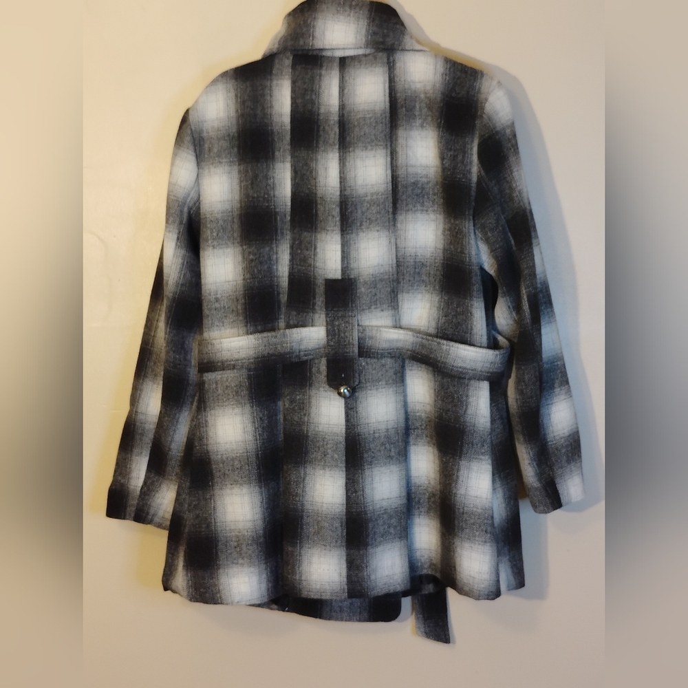 Decibel Black and White Pea Coat with Bold Plaid Pattern and Notched Lapel - Picture 3 of 8